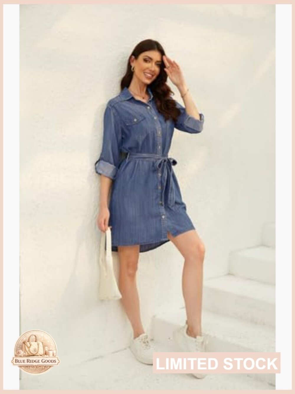 Denim Shirt Dress Casual Button Down Tie Waist Long Sleeve Midi Wrap Style - Picture 6 of 7